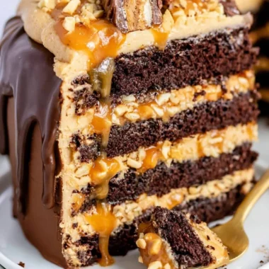 Delicious chocolate Snickers cake, layered with caramel and peanuts