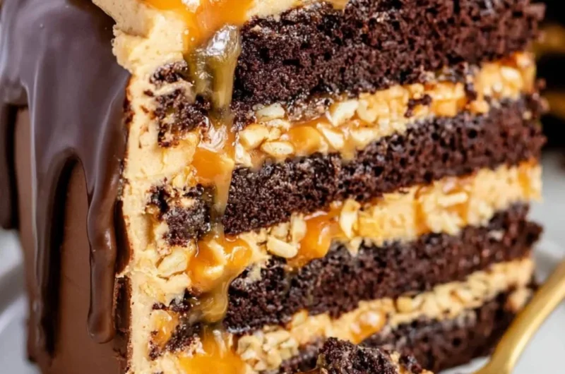 Delicious chocolate Snickers cake, layered with caramel and peanuts