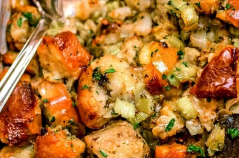 Bowl of traditional Thanksgiving stuffing with herbs and vegetables ready to serve