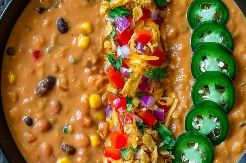 Bowl of vegetarian lentil tortilla soup garnished with herbs and tortilla strips